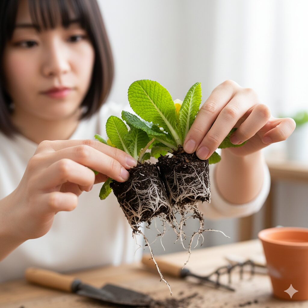 プリムラ 花が終わったら　プリムラの株を根を付けて手で株分けしている様子
