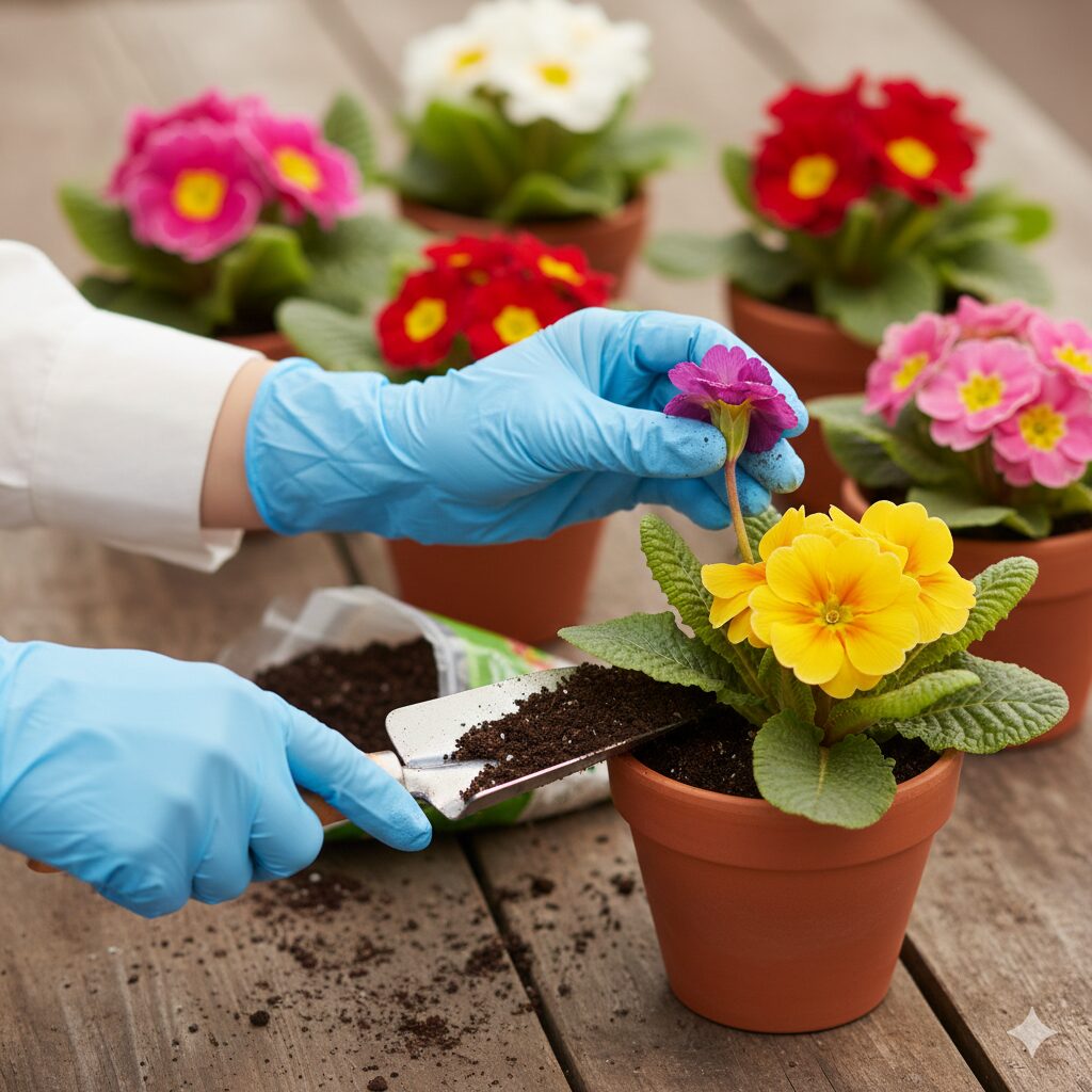 プリムラ 花言葉 怖い　かぶれを防ぐためにゴム手袋を着用して安全にプリムラの手入れをする様子