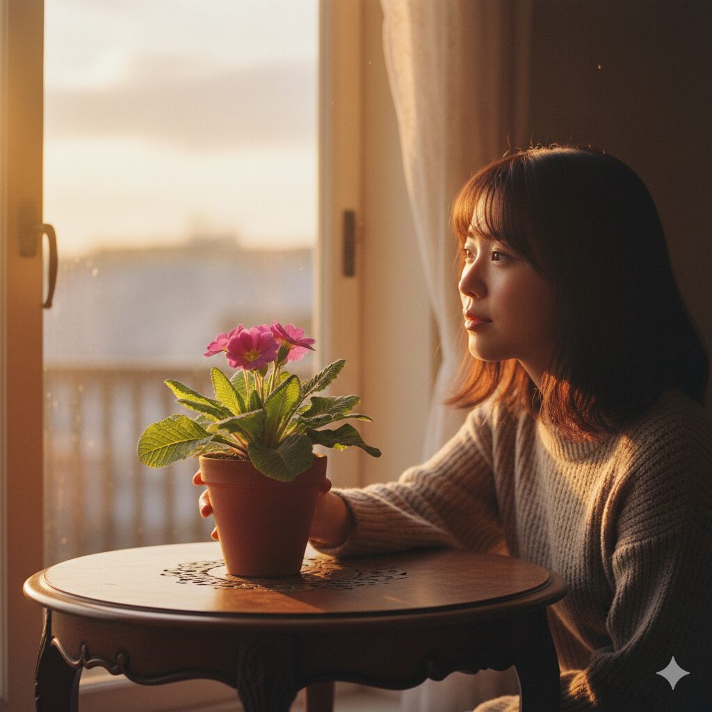 プリムラ 花言葉 怖い　窓辺に置かれたプリムラの花と夕暮れの光が演出する青春の儚さ
