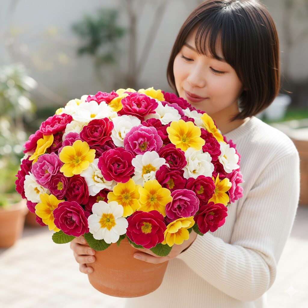 プリムラ 花言葉 怖い　鉢いっぱいに隙間なく豪華に咲き誇り自己主張するプリムラの花姿