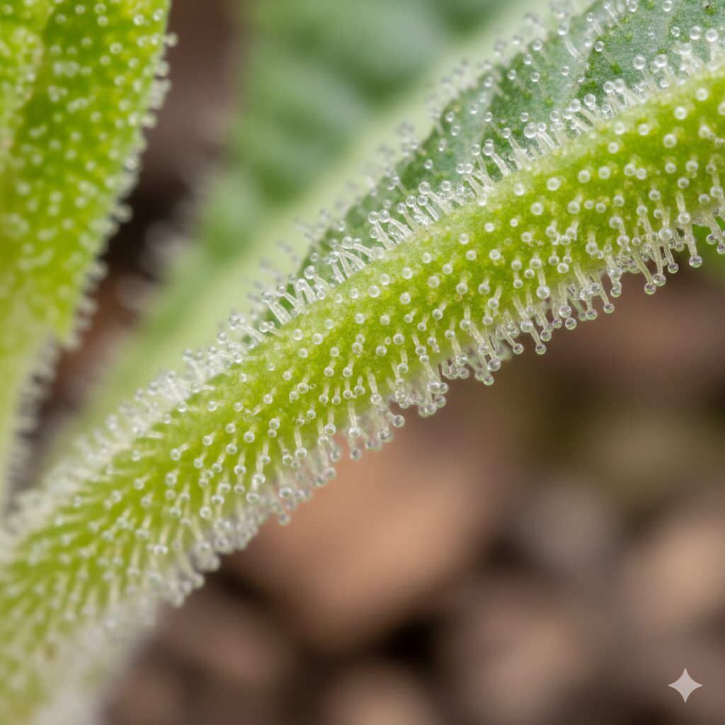 プリムラ 花言葉 怖い　接触性皮膚炎の原因物質プリミンを含むプリムラの葉や茎の細かい腺毛の拡大写真