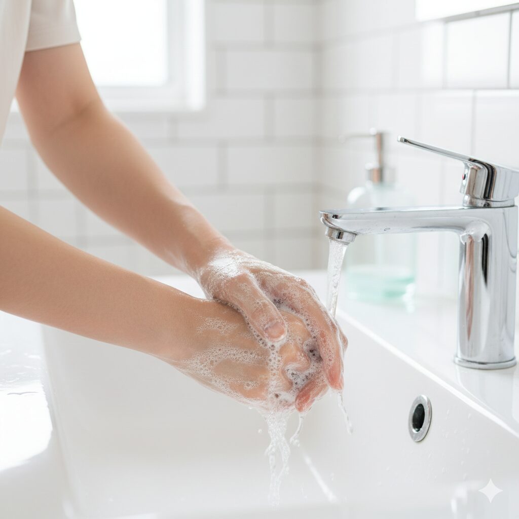 プリムラ 花言葉 怖い　プリムラに触れた後の皮膚炎予防として石鹸と流水で丁寧に手を洗う様子