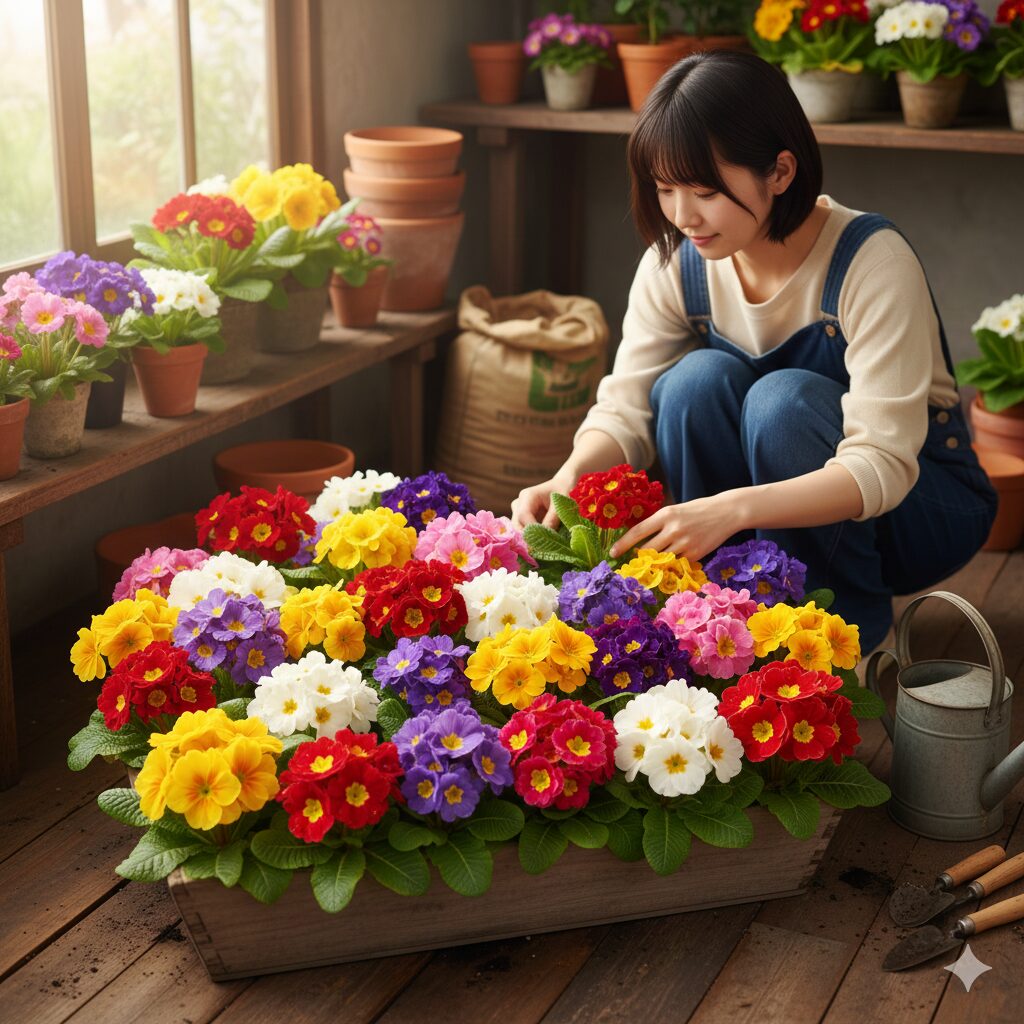 プリムラ 花言葉 怖い　赤や紫、黄色など多彩な色合いで花言葉の意味も異なるプリムラの寄せ植え