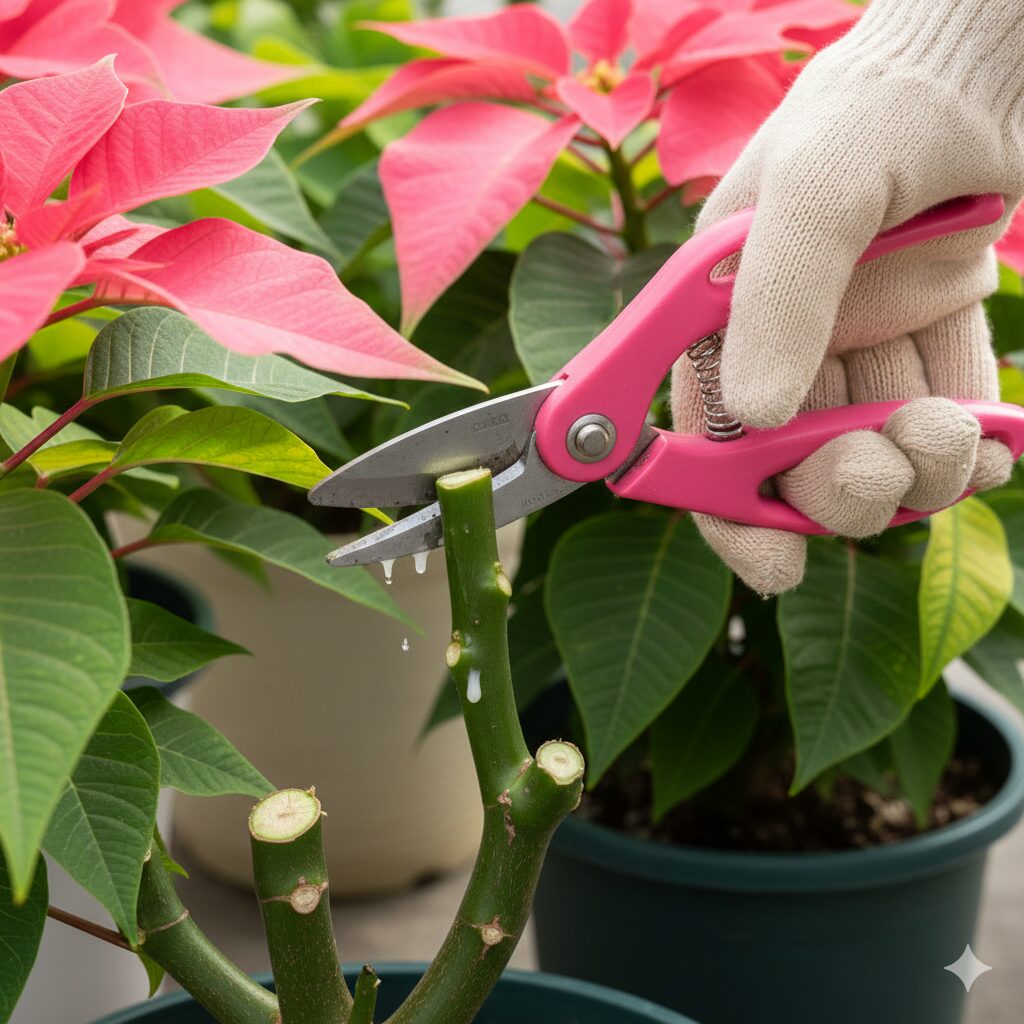 プリンセチア 2年目　プリンセチアの強剪定：手袋をした作業者がハサミで茎を根元近くから切り戻し、白い樹液が出ている様子
