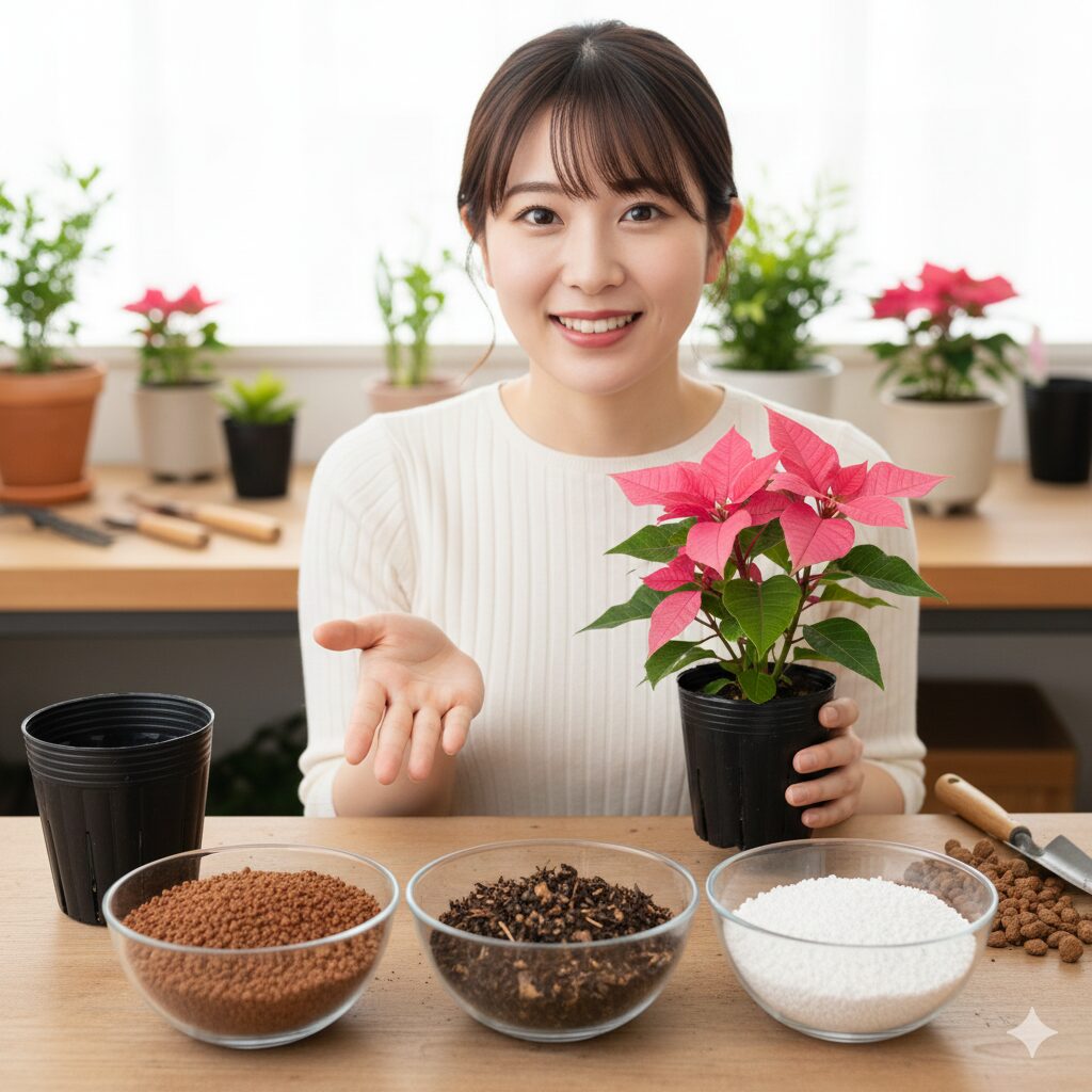 プリンセチア 2年目　プリンセチア植え替え用土の黄金比：赤玉土6、腐葉土3、パーライト1の配合と必要な資材