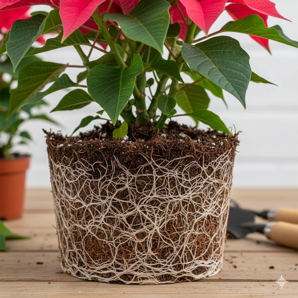 プリンセチア 2年目　鉢から抜いたプリンセチアの根鉢：根詰まりを起こし、根がびっしりと回っている状態