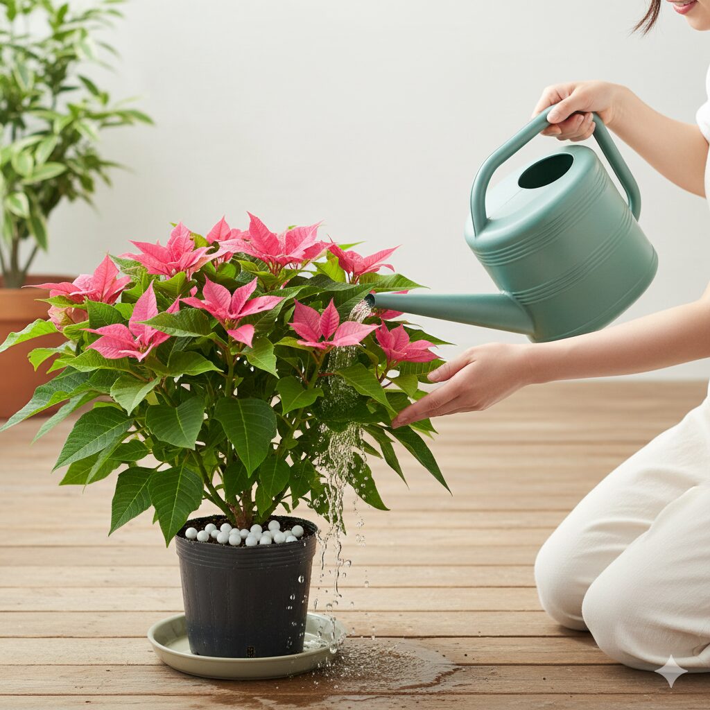 プリンセチア 2年目　夏のプリンセチア管理：たっぷりの水やりと株元への緩効性肥料（置き肥）の施肥