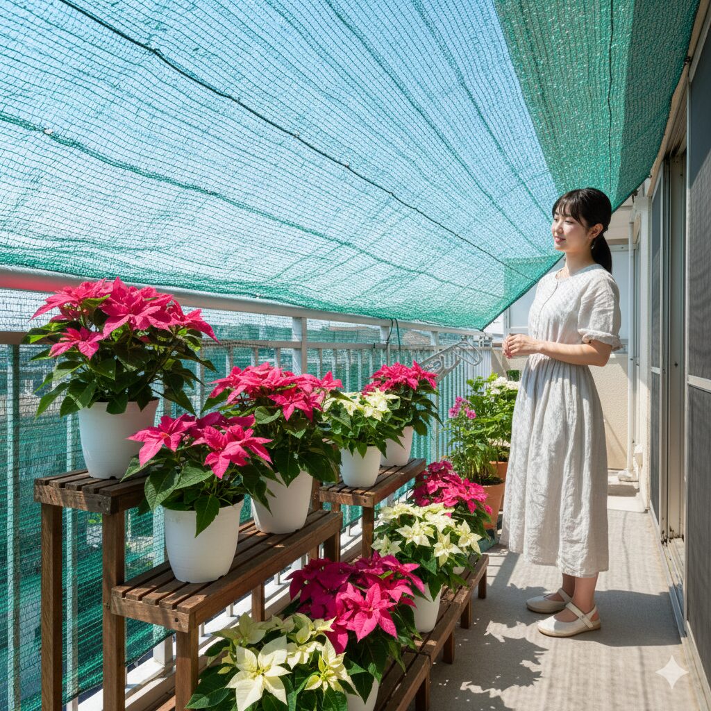 プリンセチア 2年目　ベランダの遮光ネット下で直射日光を避け、風通し良く管理されている様子