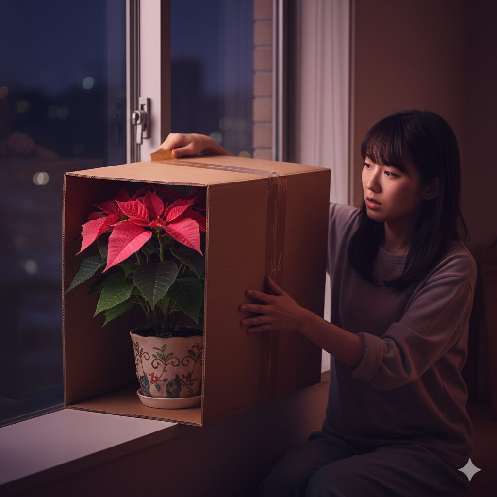 プリンセチア 2年目　プリンセチアの色づけ（短日処理）：夕方に光を完全に遮断するためにダンボール箱を被せた状態