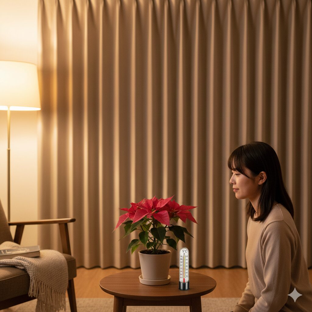 プリンセチア 2年目　プリンセチアの冬越し対策：夜間は窓辺から離し、室温15℃以上の暖かい場所に移動させて管理