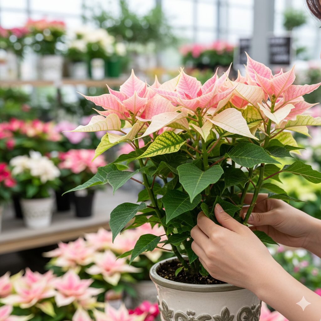 店頭でプリンセチアの株元の葉の状態を確認し、元気な株を選んでいる様子
