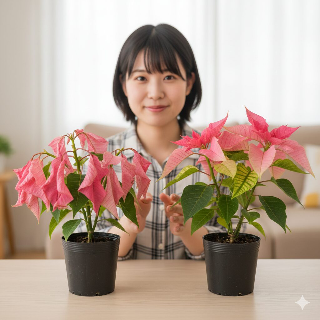 水切れでしおれたプリンセチア（左）と健康なプリンセチア（右）の比較