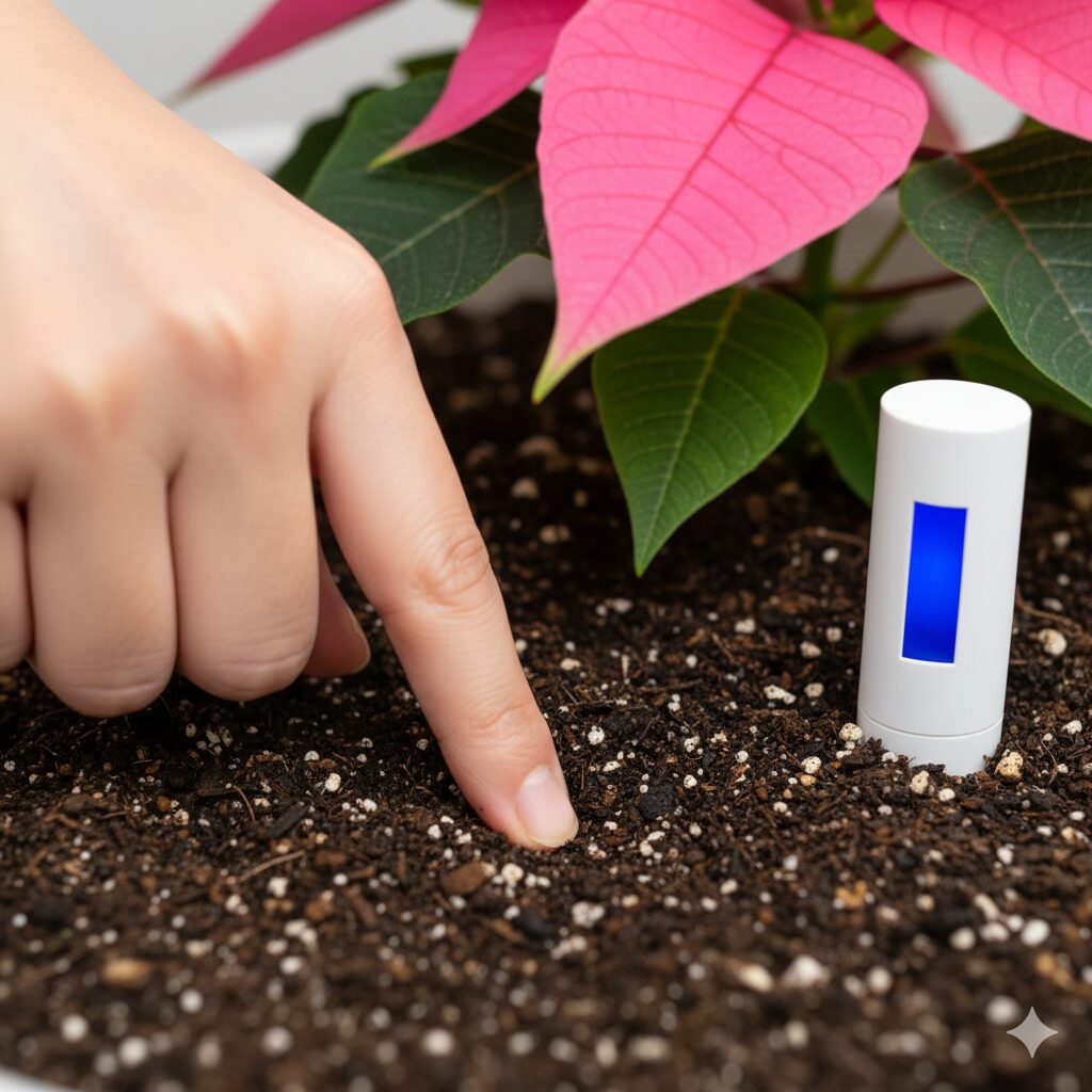 プリンセチアの鉢土の乾き具合を指で確認している様子