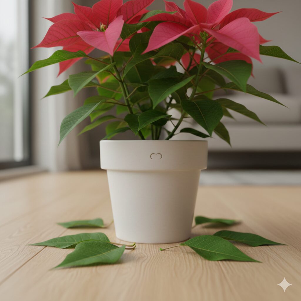 寒さのショック（コールドドラフト）で緑色のまま落ちたプリンセチアの葉