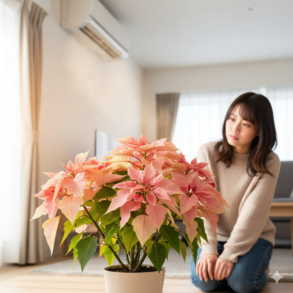 エアコンの温風が直接当たり、乾燥してしおれたプリンセチア