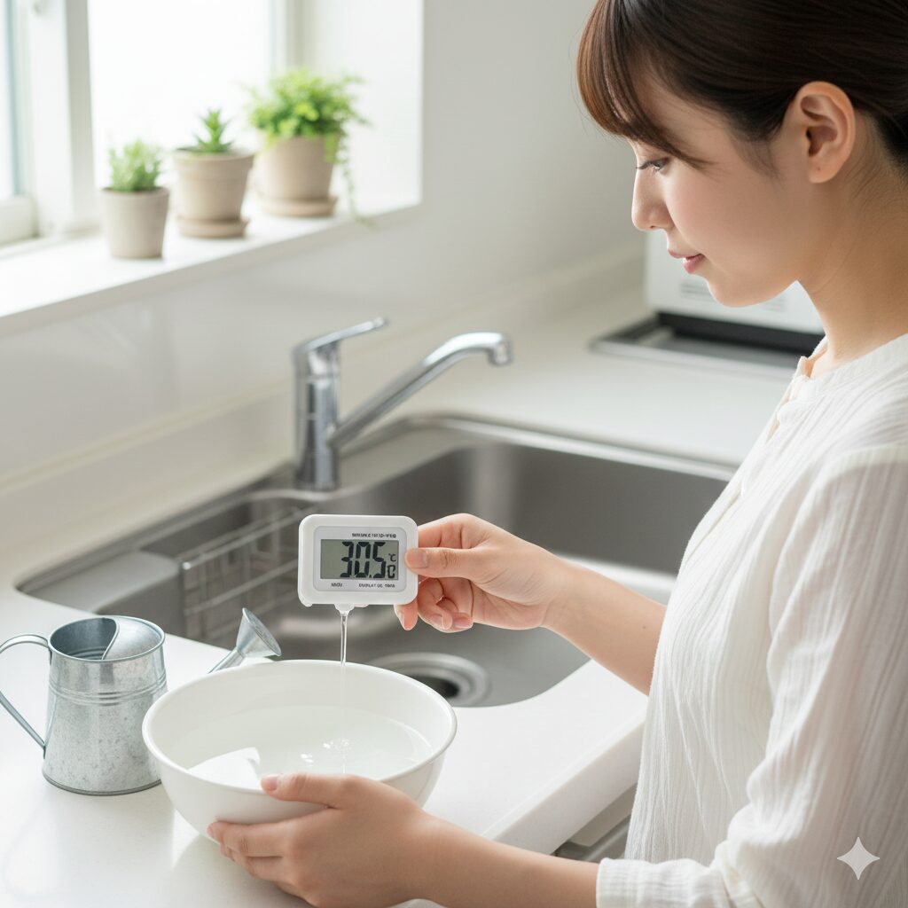 プリンセチアの水やり用に30℃のぬるま湯の温度を測っている様子