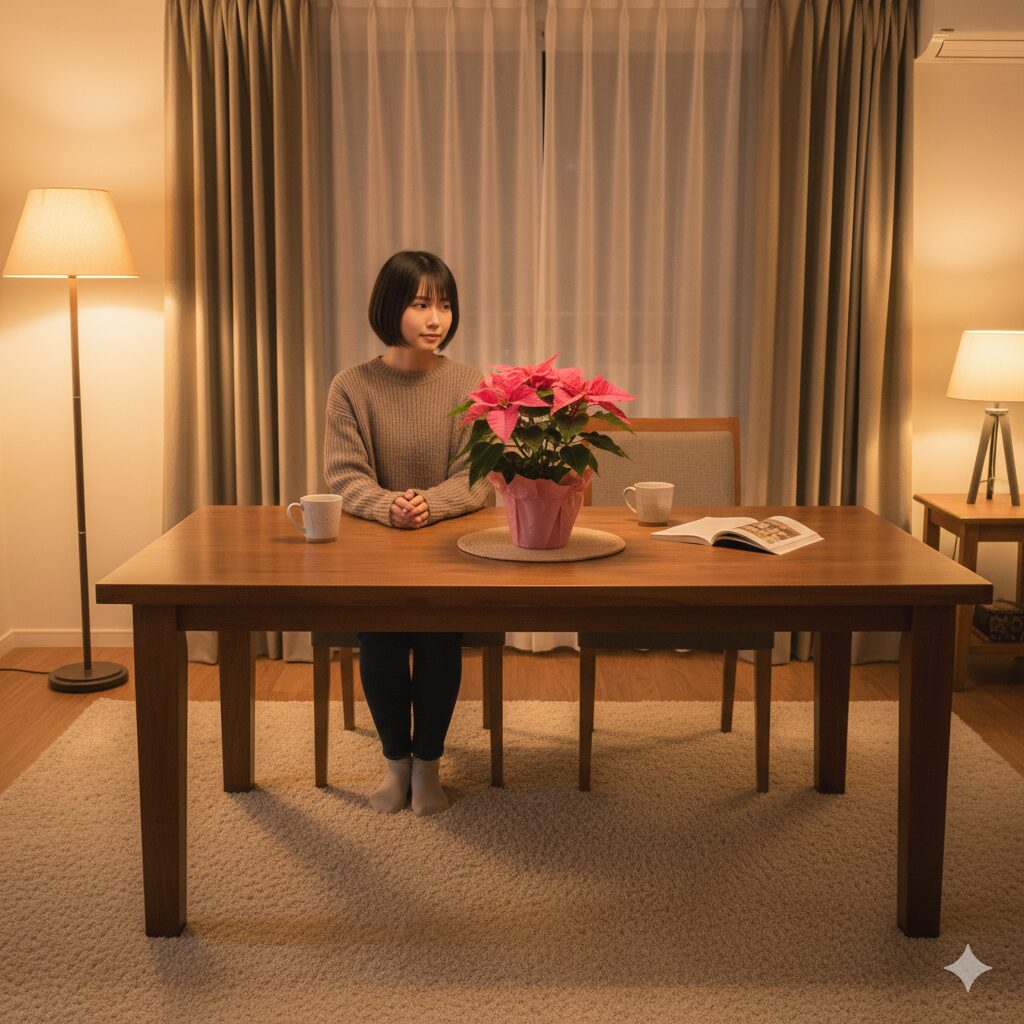 夜間の冷え込みを避けるため、部屋の中央に移動されたプリンセチア