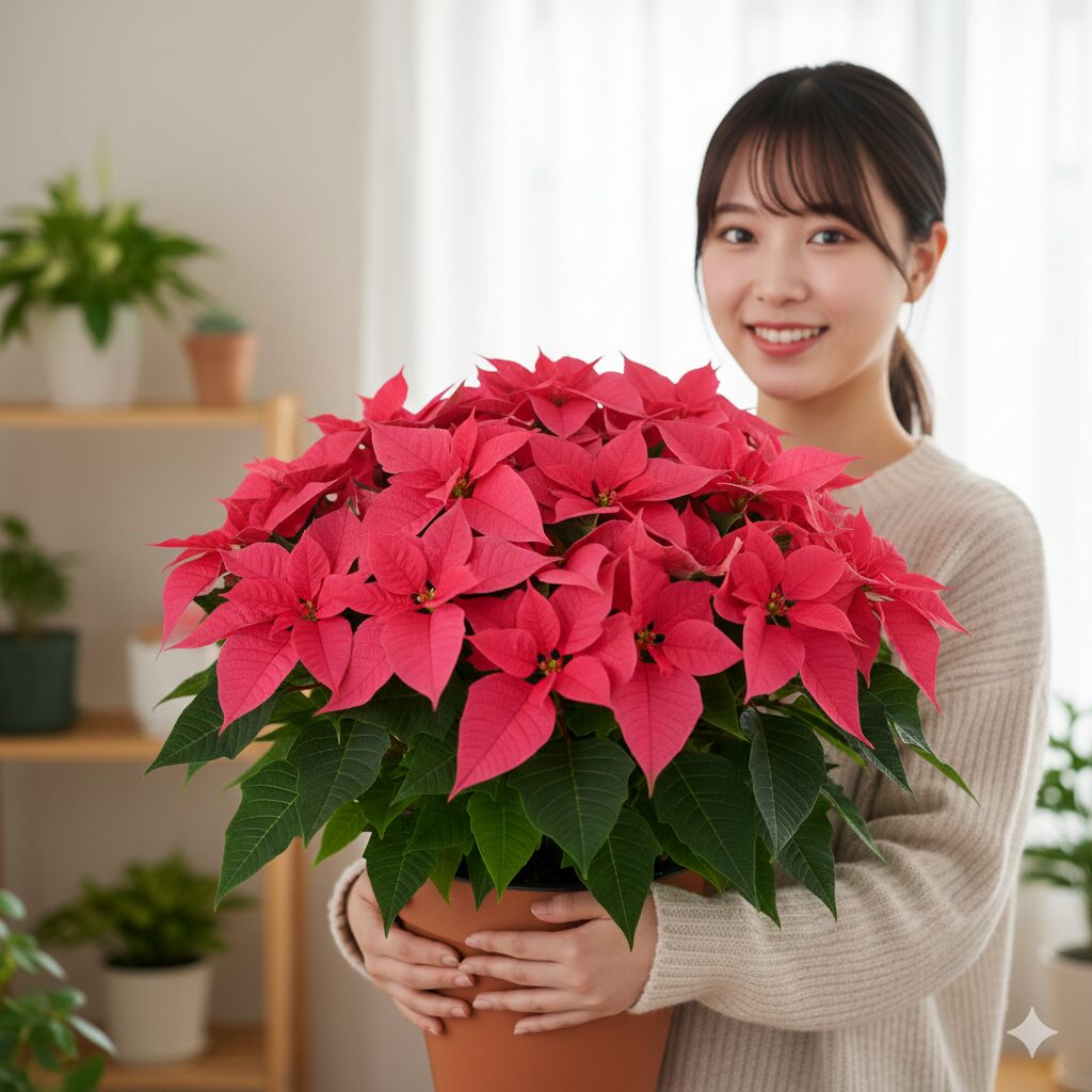 プリンセチアがピンクにならない緑の状態と鮮やかに色づいた成功例の比較写真