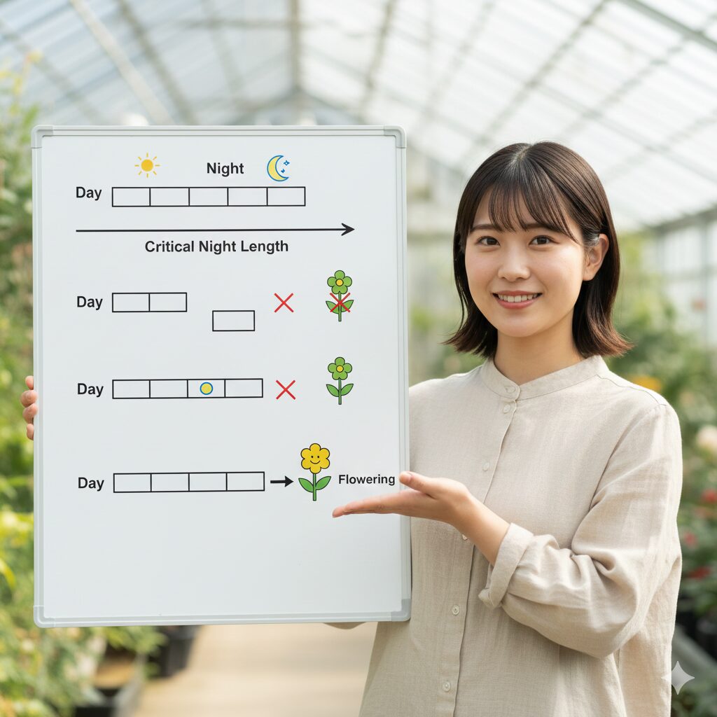 プリンセチアなどの短日植物が花芽分化する仕組みと限界暗期の図解