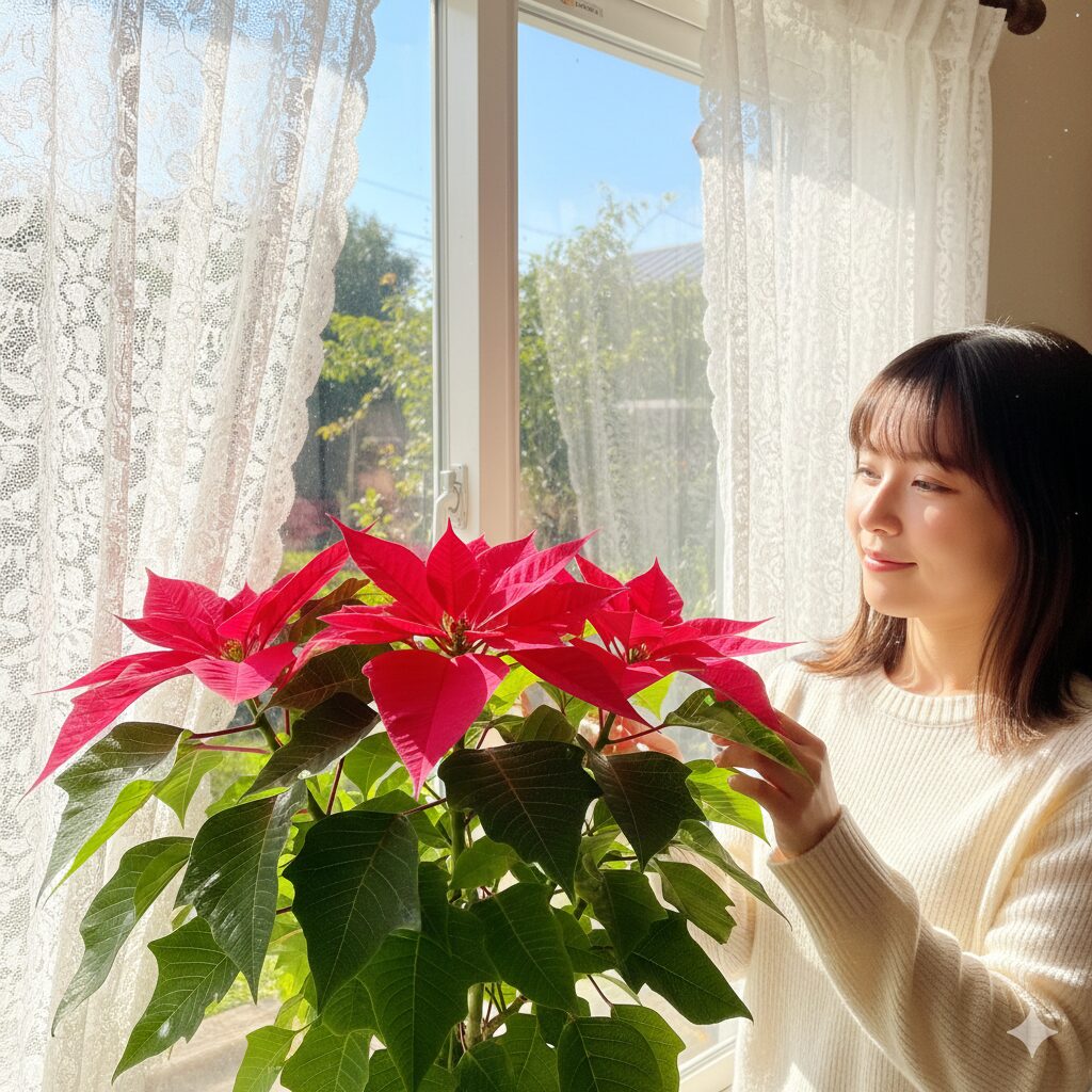 色づきを良くするためにガラス越しの日光を浴びるプリンセチアの置き場所