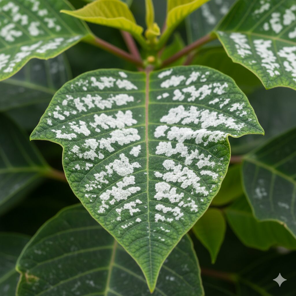 プリンセチアの葉に白い粉が付着するうどんこ病の初期症状の拡大写真