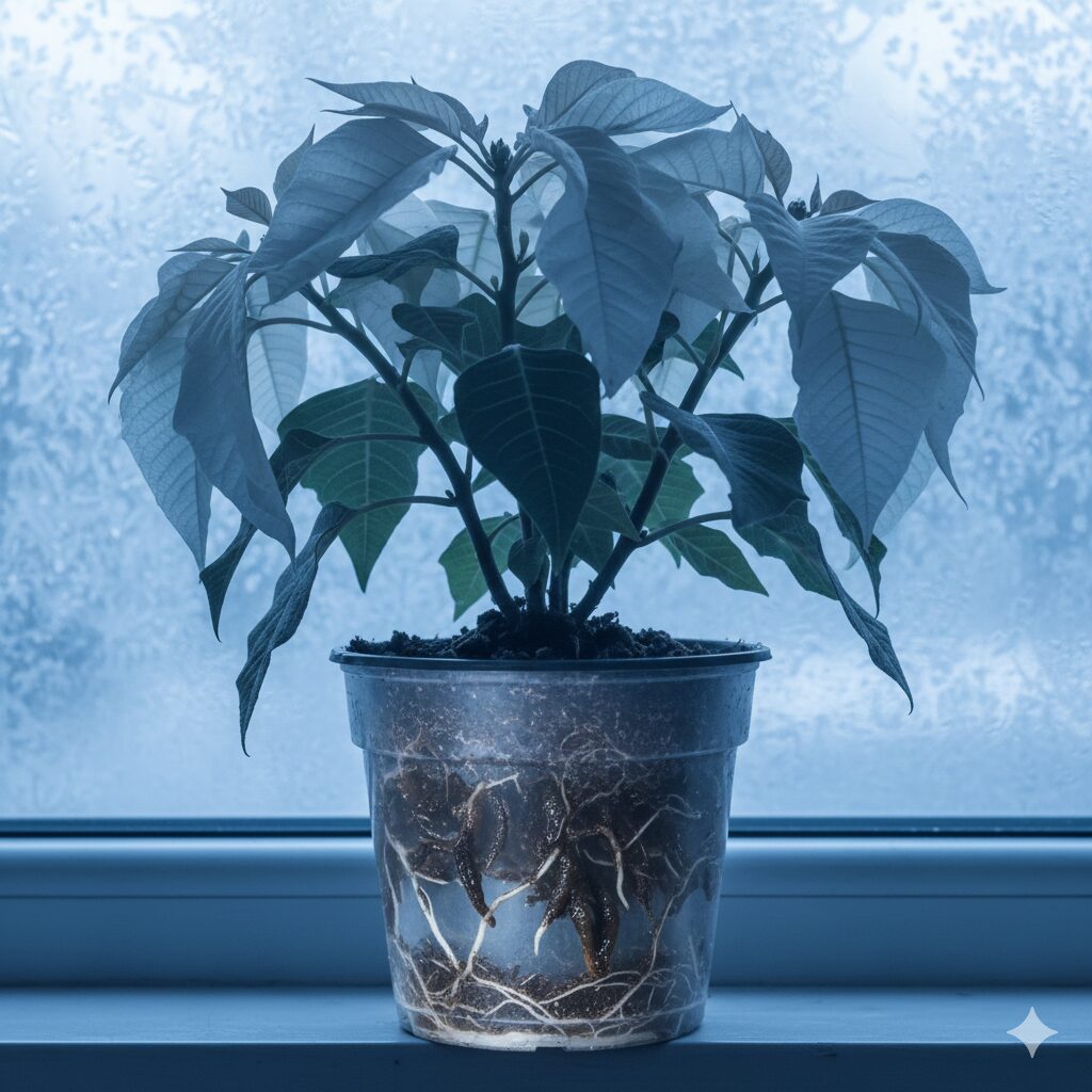 低温による根腐れで葉がしおれたプリンセチアの断面図イラスト