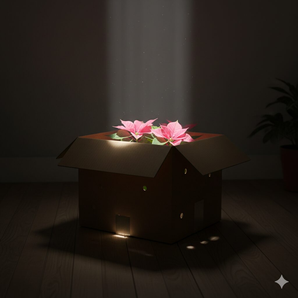 プリンセチア ピンクに ならない　短日処理の失敗原因となるダンボールの隙間からの光漏れのイメージ図