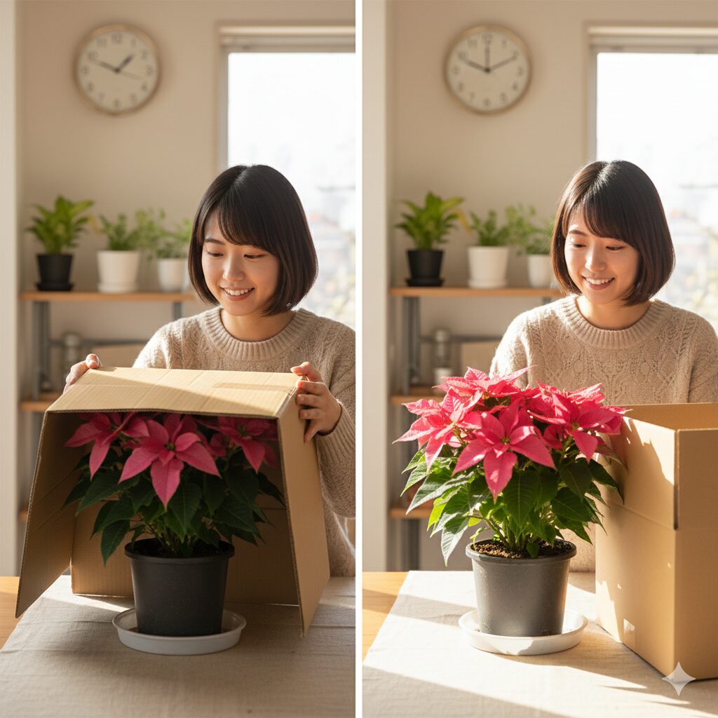 夕方17時から翌朝8時まで行うプリンセチアの短日処理の手順イラスト