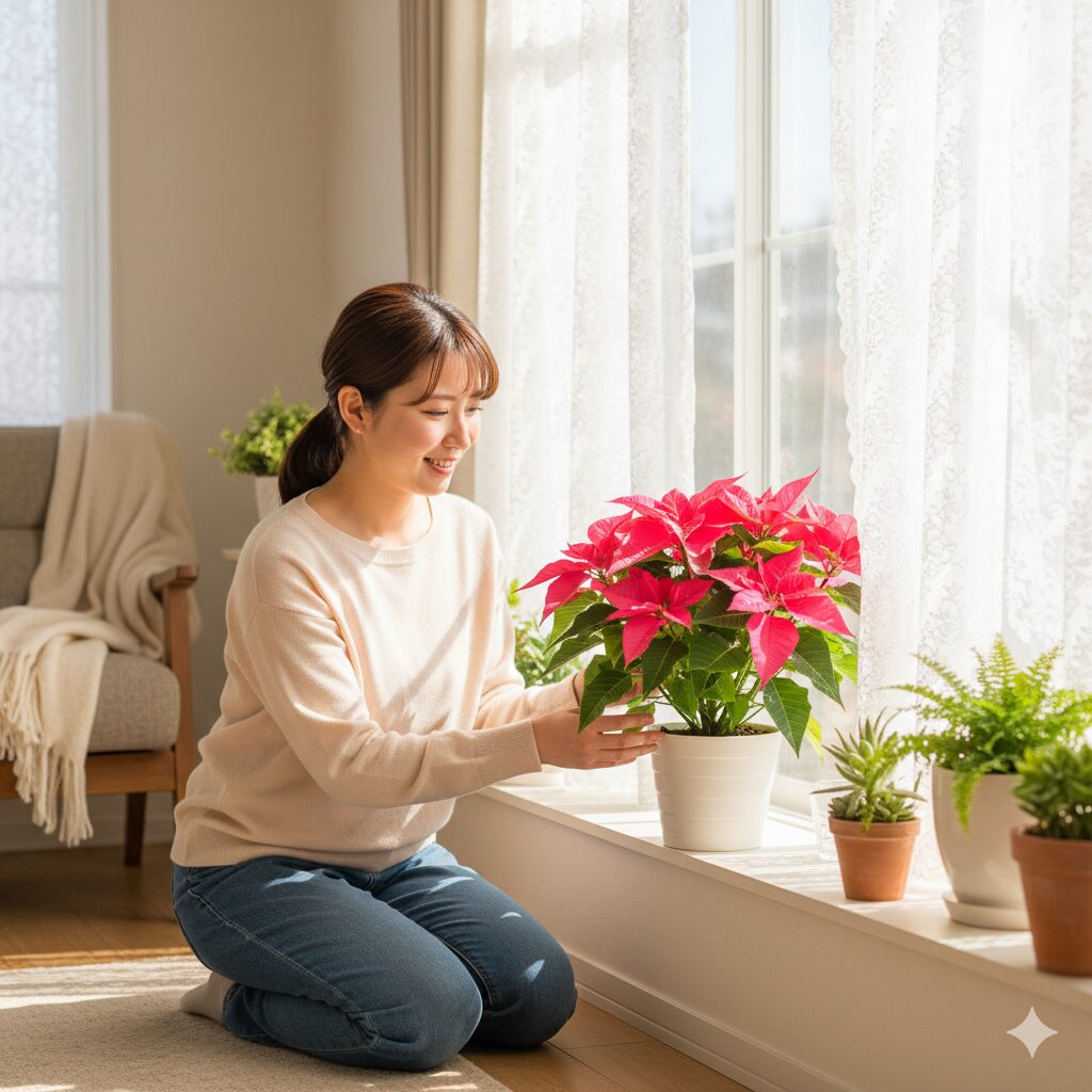 レースのカーテン越しの日光を浴びて健康に育つ窓辺のプリンセチア