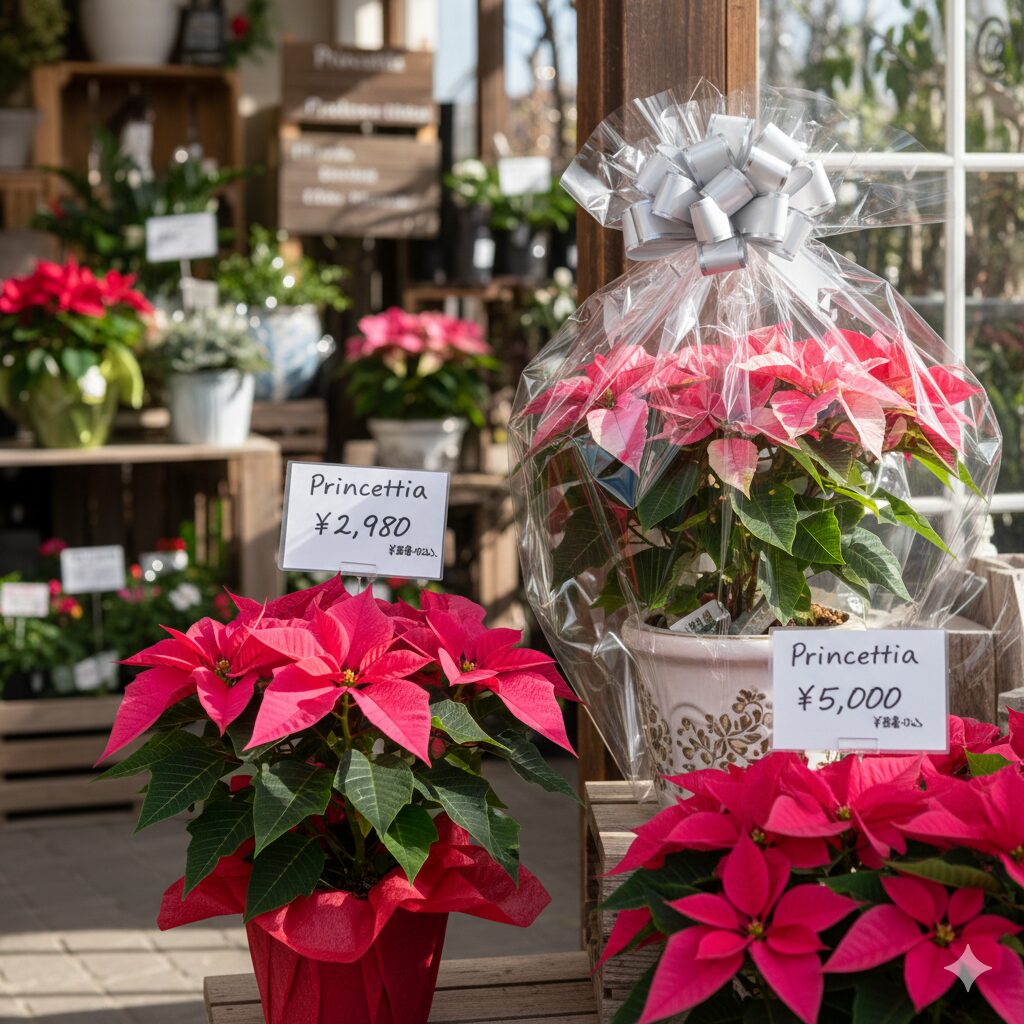 園芸店で販売されている価格帯の異なるプリンセチアの鉢植え