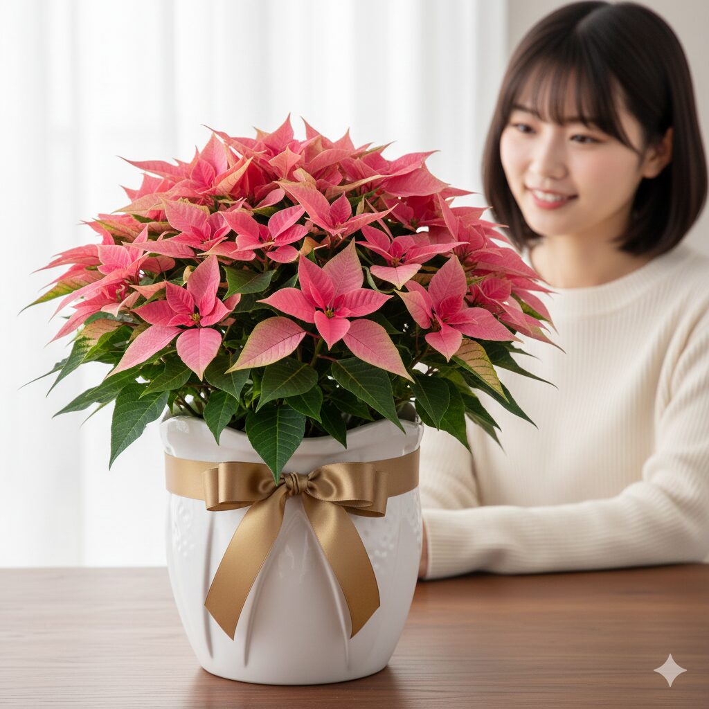 葉が密に茂り高品質なプレミアムグレードのプリンセチア5号鉢