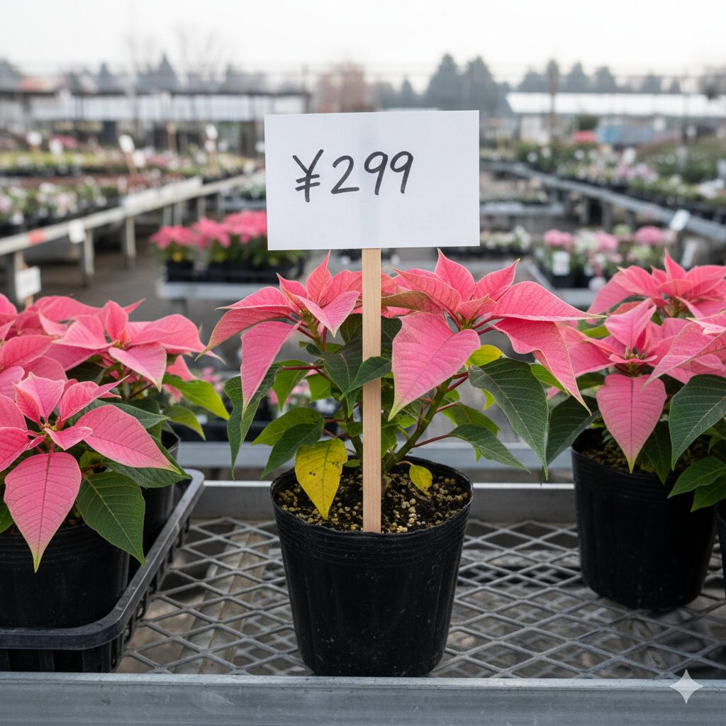 ホームセンターの屋外売り場で安価に販売されているプリンセチアのポット苗