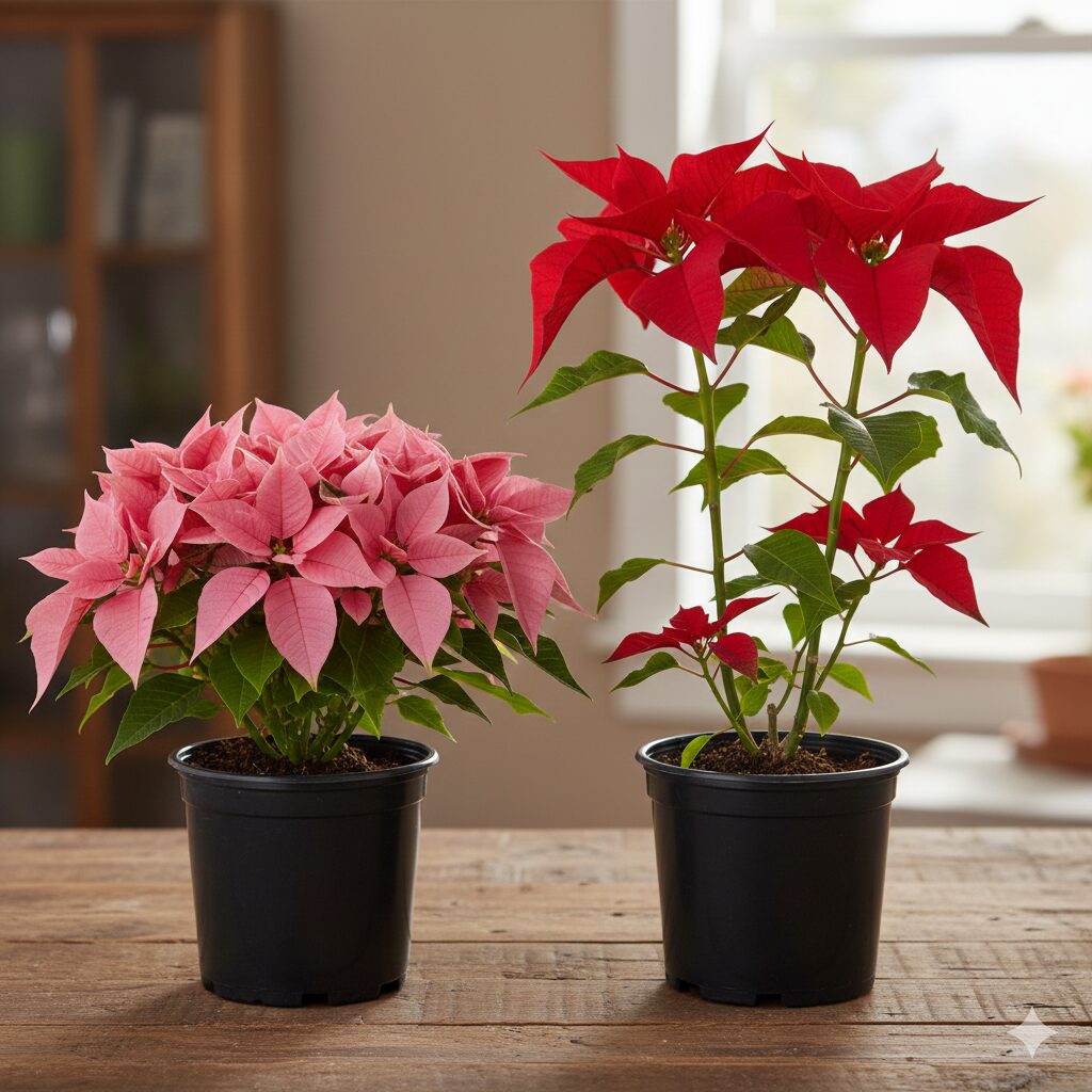 コンパクトで密なプリンセチアと一般的なポインセチアの草姿比較
