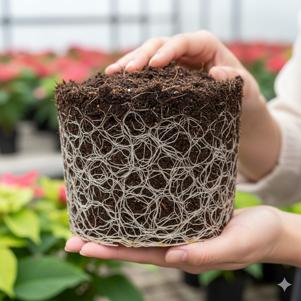 鉢いっぱいに健康な白い根が張ったプリンセチアの根鉢の状態