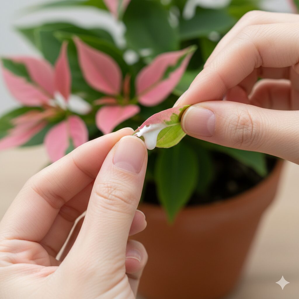 プリンセチアの葉の切り口から滲み出る白い毒性のある樹液