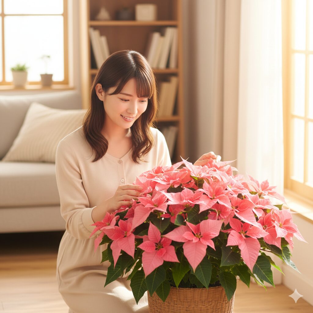 リビングの窓辺に飾られたピンク色のプリンセチアの鉢植え