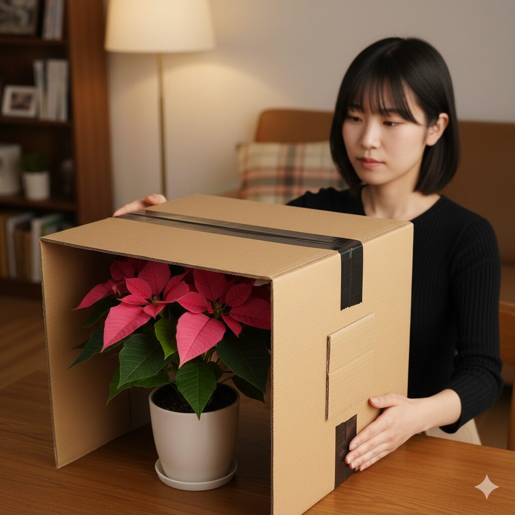 プリンセチアを翌年も咲かせるための短日処理（ダンボール被せ）