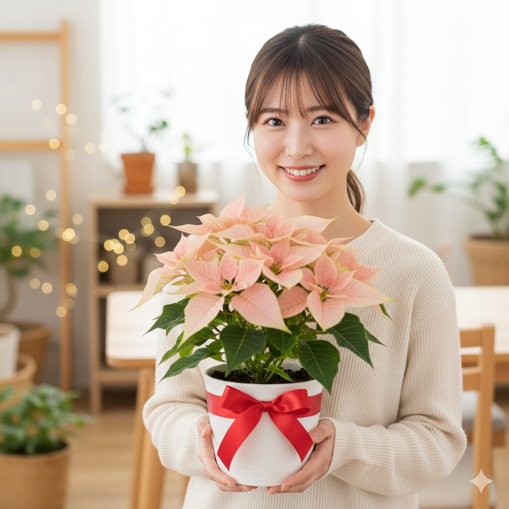 ギフトとしてプリンセチアを笑顔で持つ女性