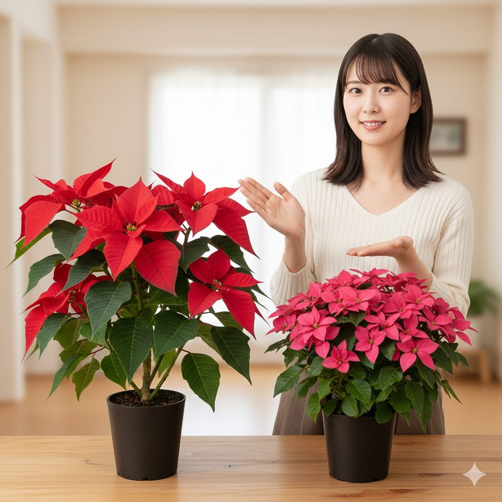 赤いポインセチアとピンクのプリンセチアの見た目の違い比較