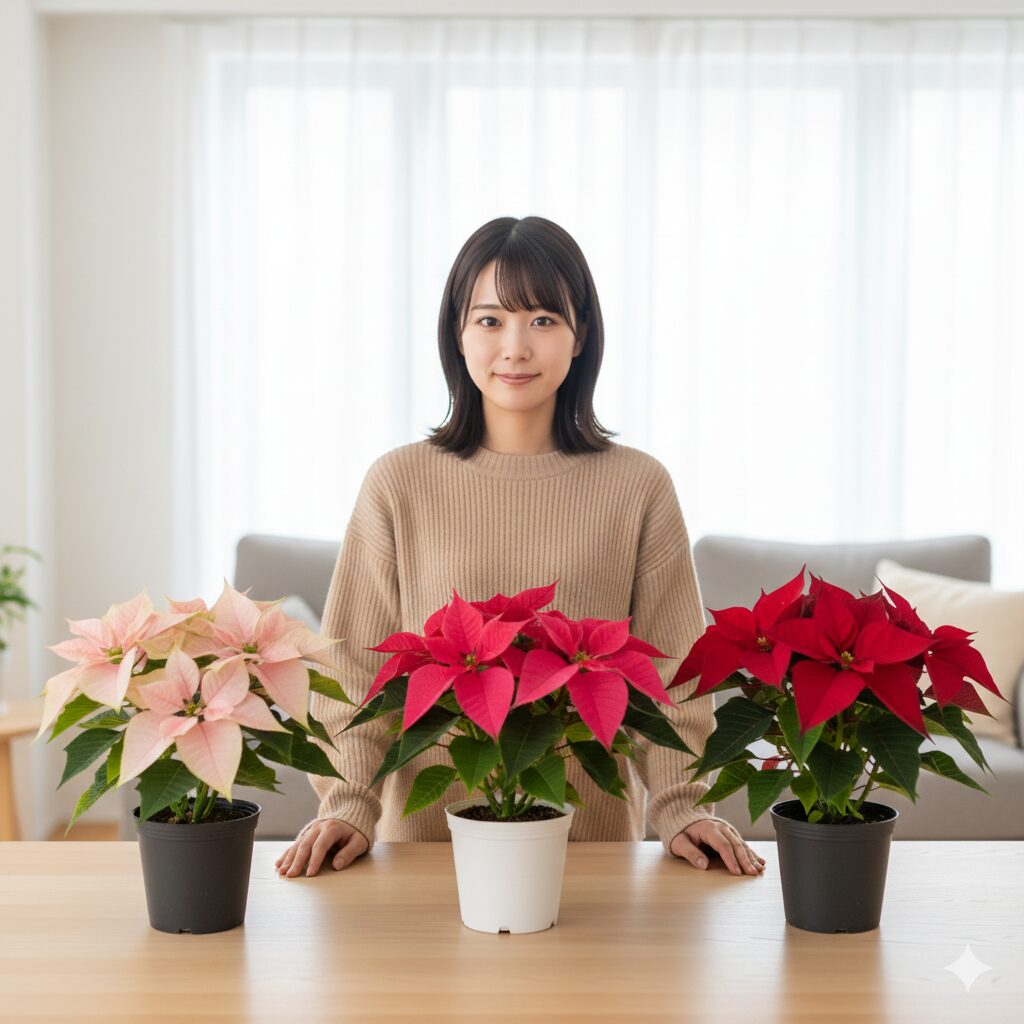 プリンセチアの色別種類（ピンクホワイト、ホットピンク、ルージュ）