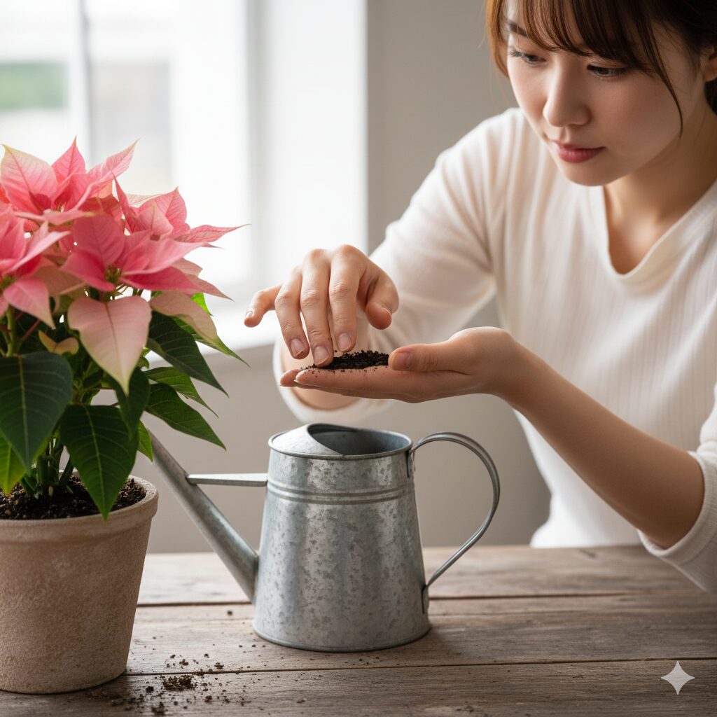 プリンセチアの水やり前に土の乾き具合を指で確認する様子