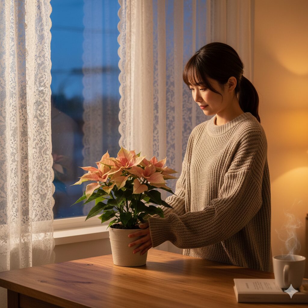 冬の夜の寒さ対策として窓際から移動されたプリンセチア