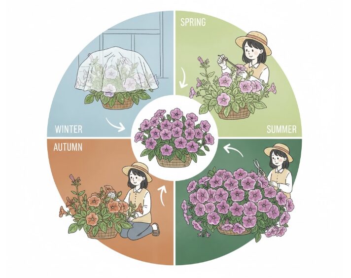 摘心と切り戻しによって一年を通じて美しく咲き続けるペチュニアの成長サイクルを図解したイラスト。時期ごとの花のボリュームの変化がわかる。