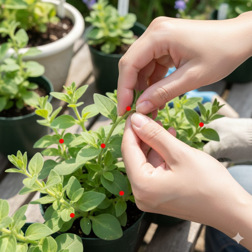 ペチュニアの苗を上から見た図で、摘心する位置が赤い点で示されており、先端の成長点を指で摘む様子が分かりやすく描かれているイラスト。