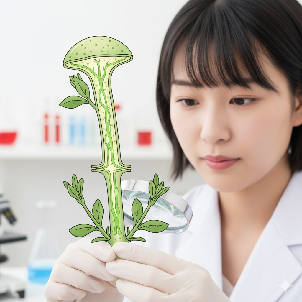 ペチュニアの茎の断面図で、先端の成長点から植物ホルモンが下方向に流れる様子と、摘心後にわき芽が成長している様子を視覚的に示したイラスト。