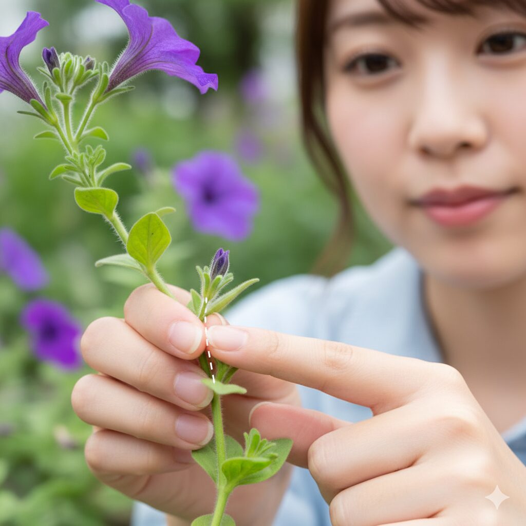 ペチュニアの茎のアップで、葉の付け根から出ている小さなわき芽と、その少し上の切断すべき位置が明確な線で示された詳細な写真。