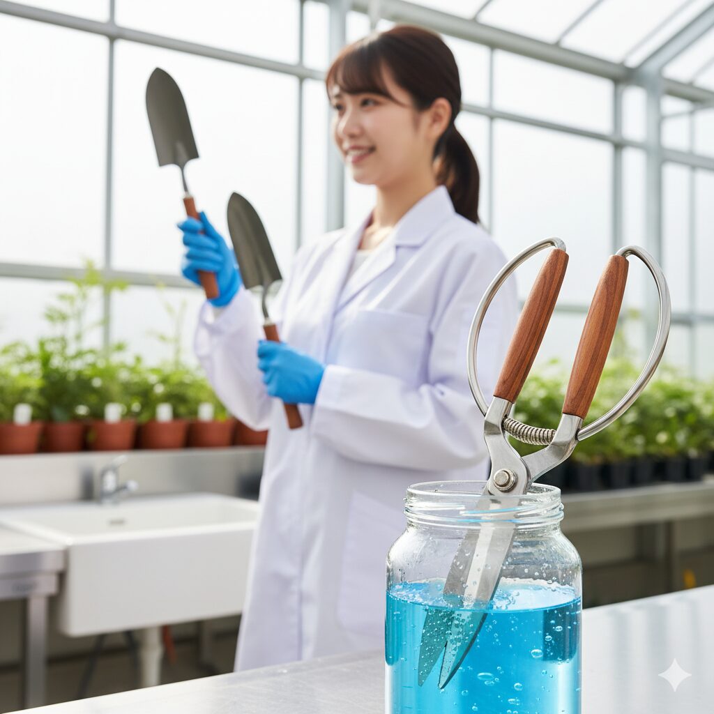 消毒液に浸された園芸用ハサミが写っており、衛生管理の重要性を視覚的に訴える。清潔感のある背景。