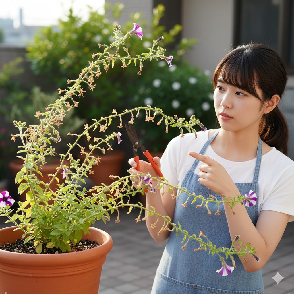徒長して枝が長く伸び、花が少なくなり、株の形が乱れているペチュニアの鉢植え。切り戻しが必要な状態を具体的に示す写真。