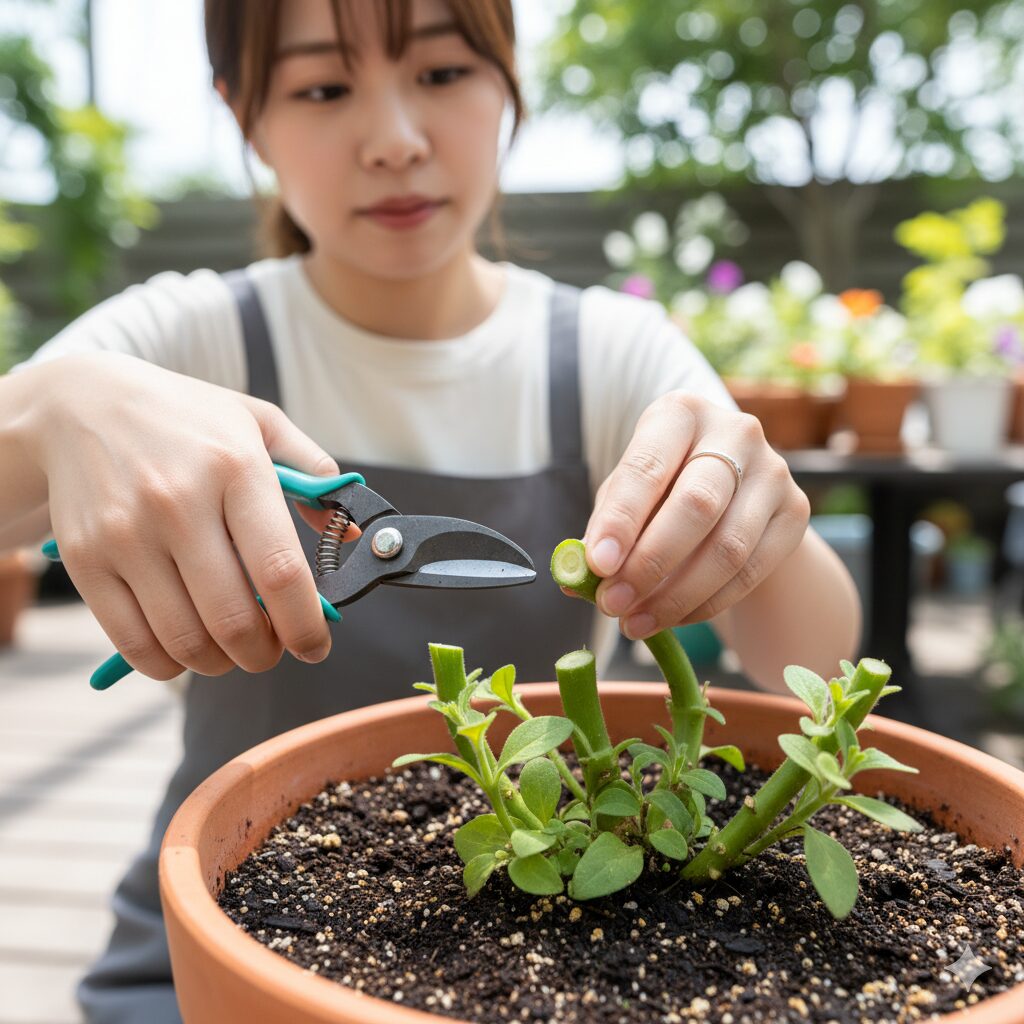 切り戻し作業中のペチュニアの株で、大胆にカットされた茎が明確に写っており、切り口がきれいに処理されていることがわかる。