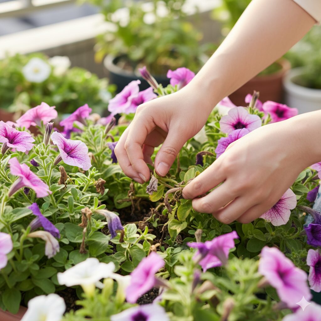 ペチュニアの株の根元近くに溜まった枯れた葉や花がらを手で丁寧に取り除いている様子。株元がすっきりとしている。